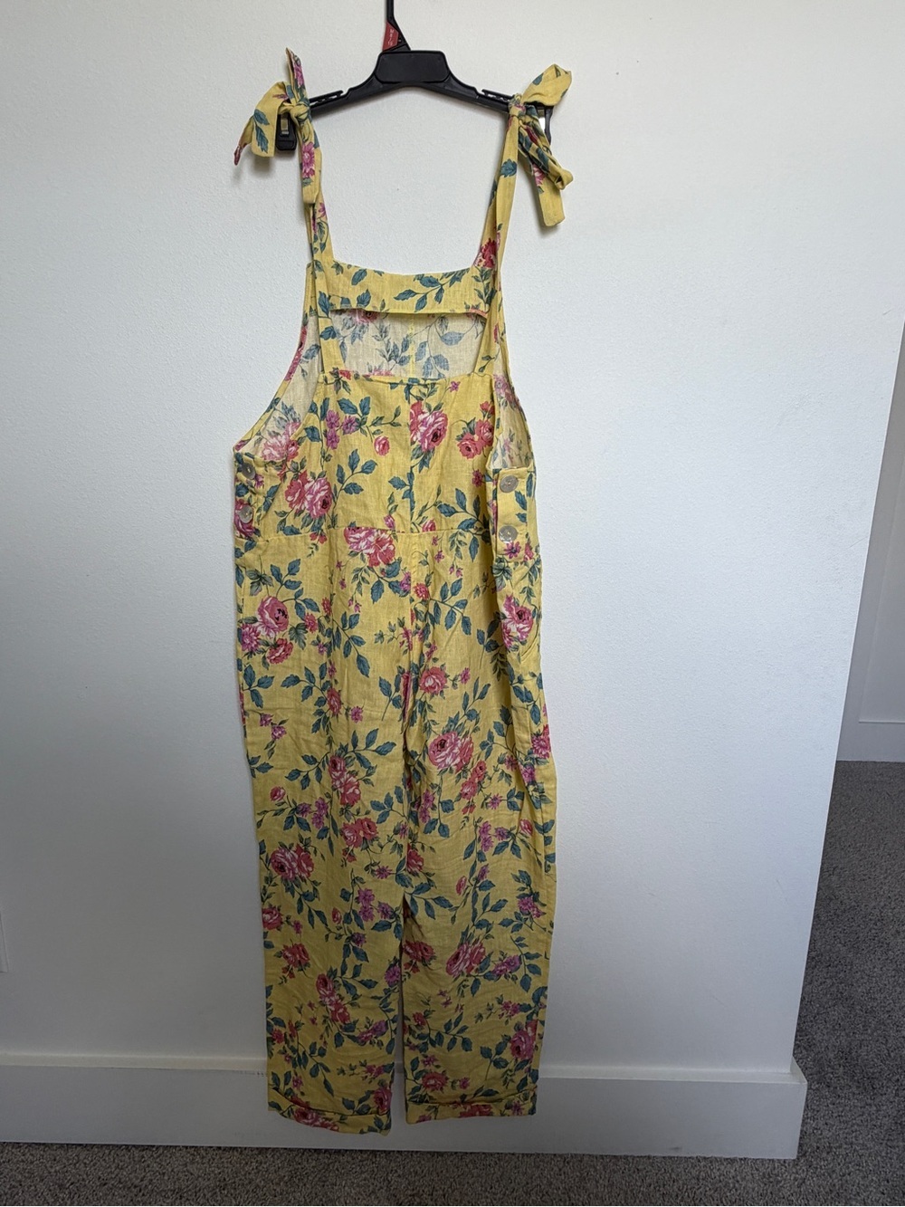 MABLE Yellow Floral Linen Jumpsuit with Pink Roses and Green Leaves - Picture 2 of 6